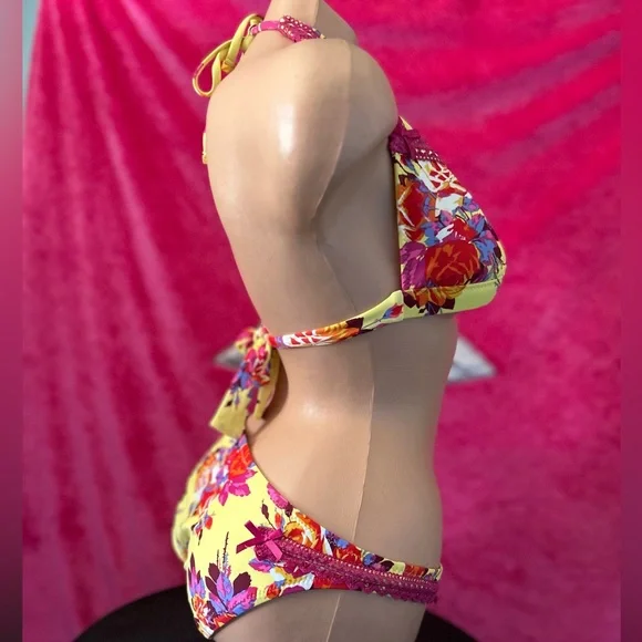 Betsey Johnson yellow pink Chez rose bikini swimsuit bottoms vintage retro pinup